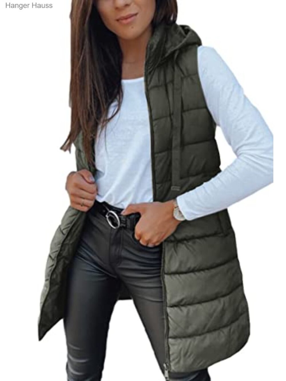 Women Long Sleeveless Hooded Puffer Vest Winter Outerwear